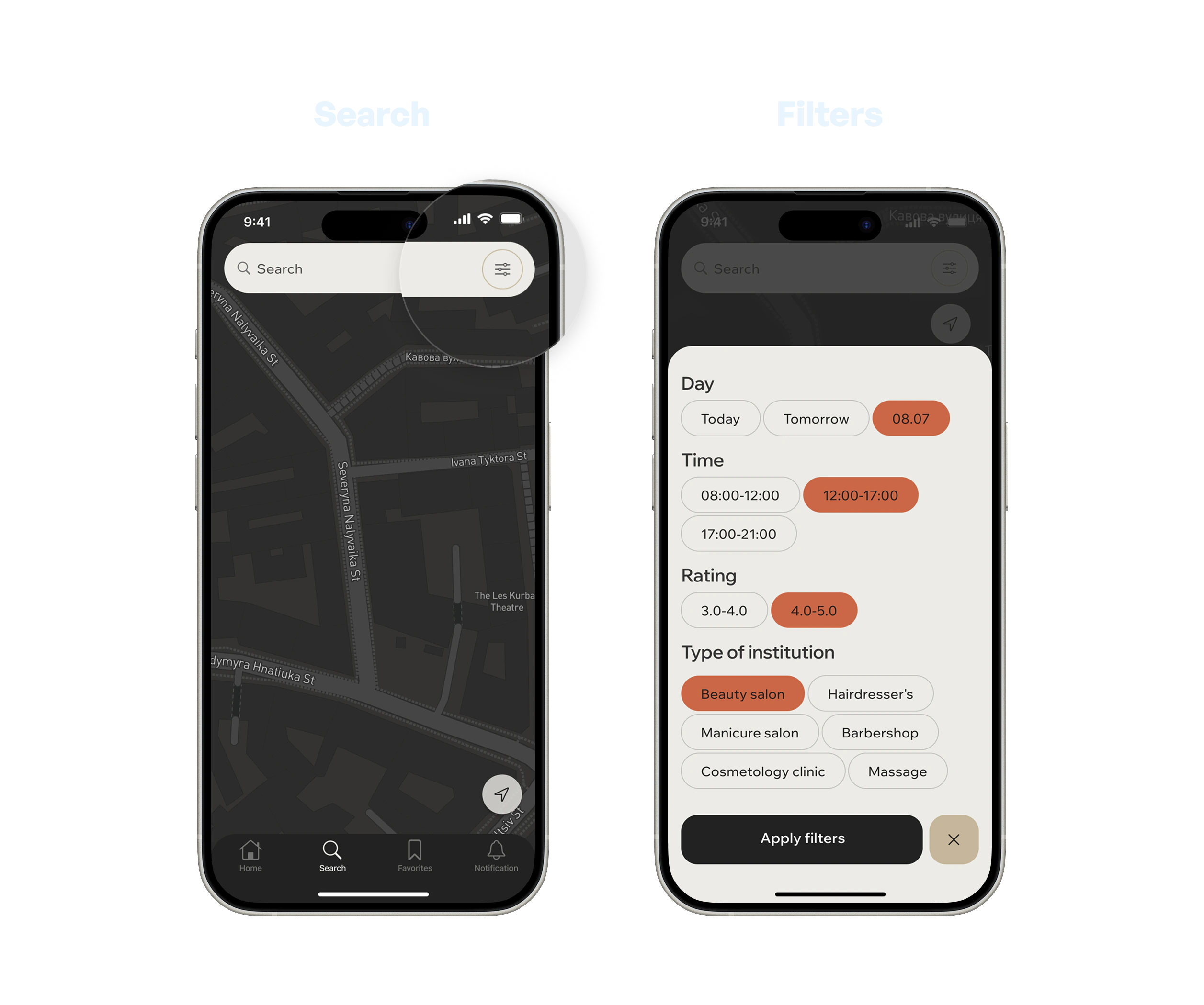 Filters by day, time, rating, and salon type