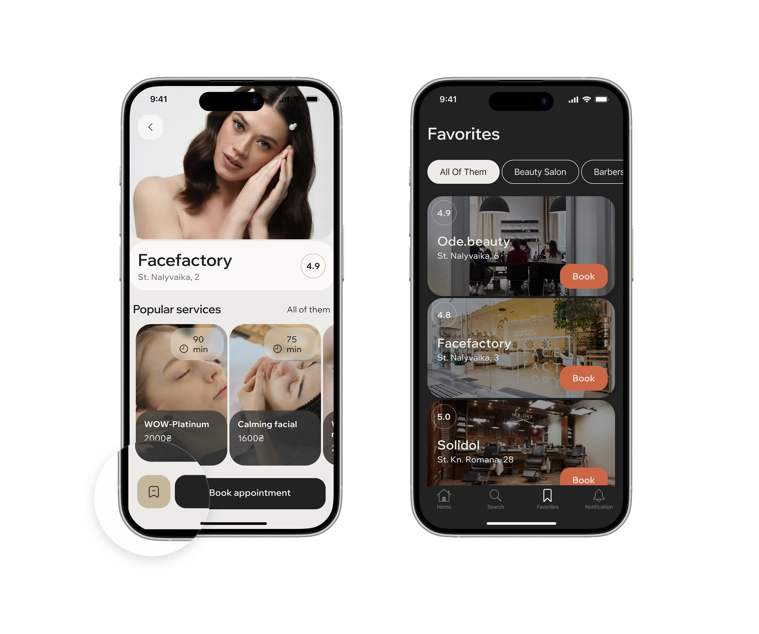 Saved salons section with category filters