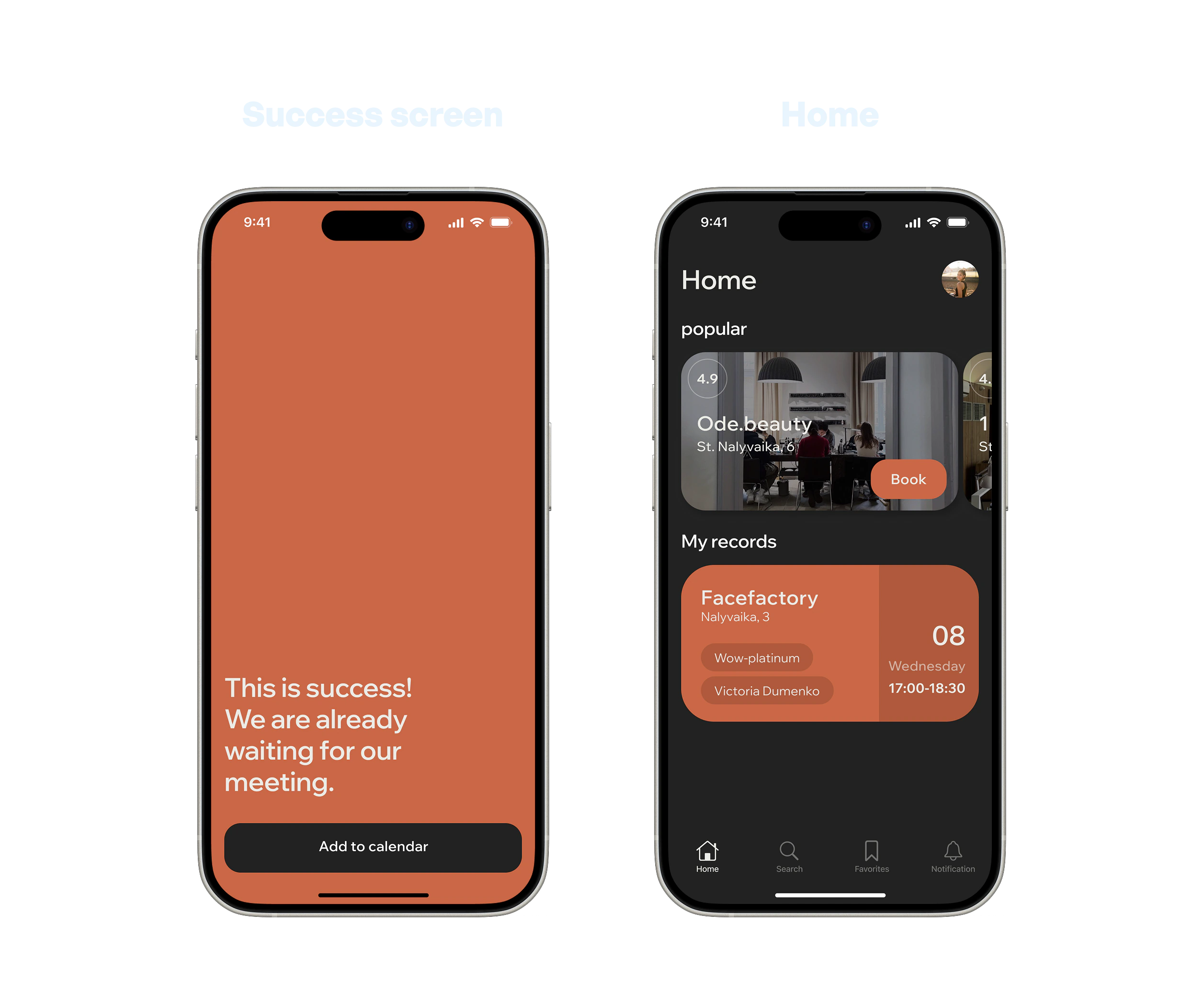 Booking success screen and home